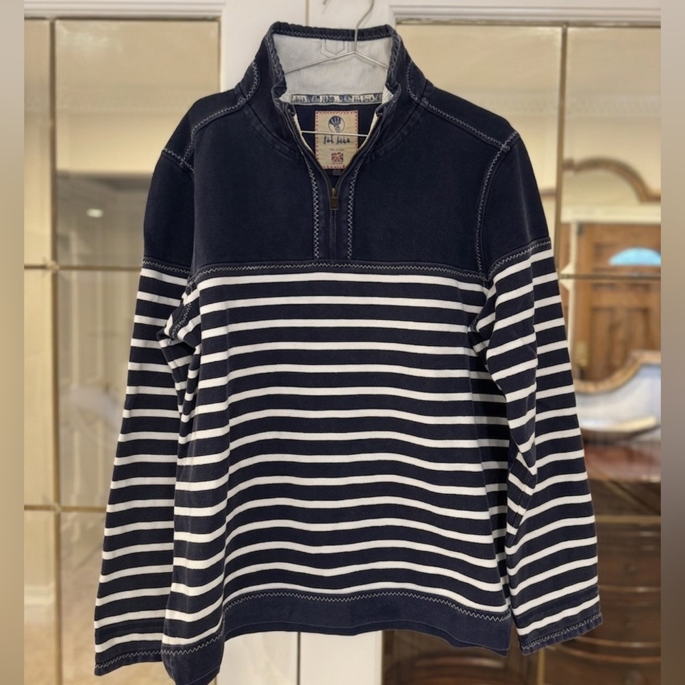 Fat Face "The Airlie" Striped Navy & White Half-Zip Pullover Sweater